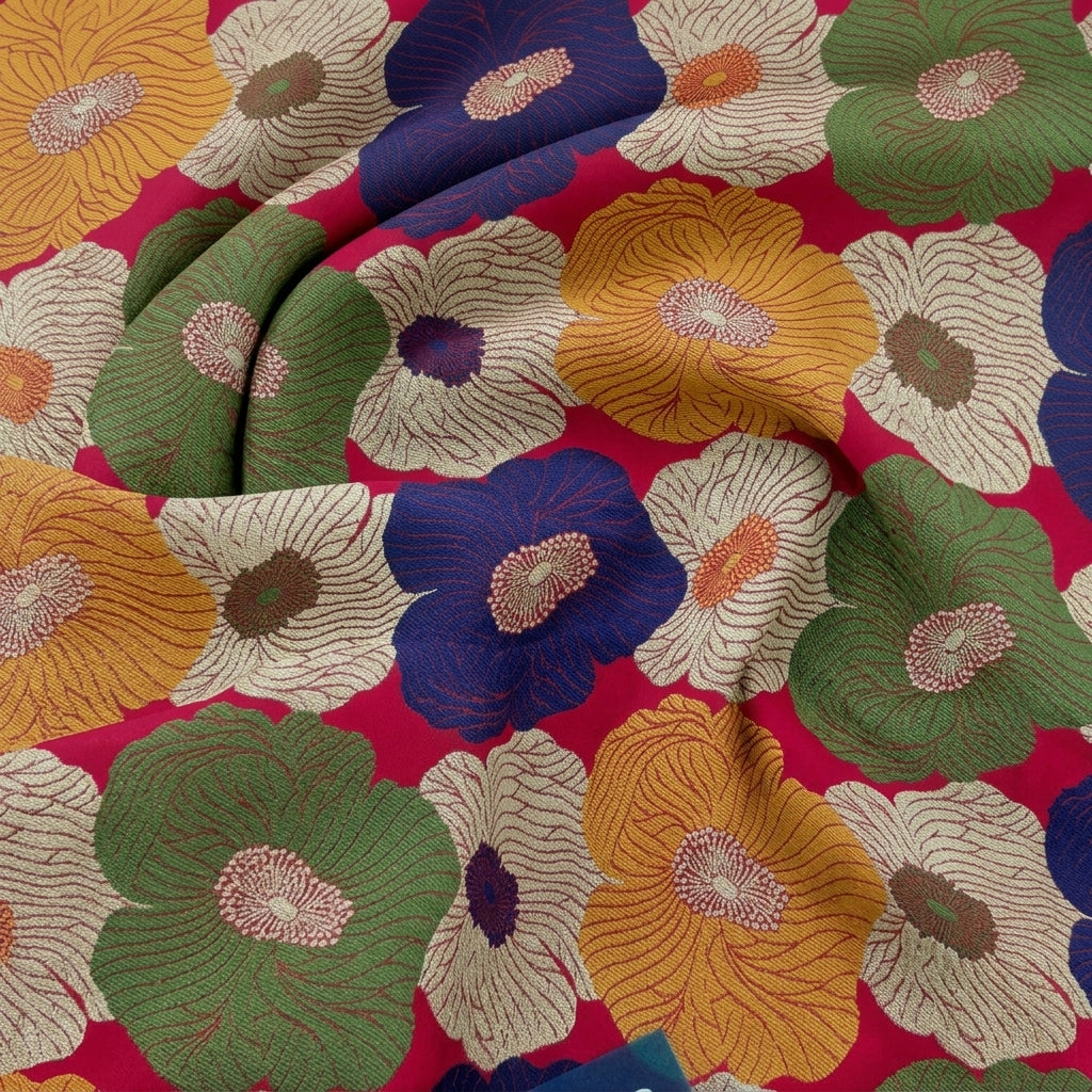 Swirled Floral Red Floral Banaras Fabric