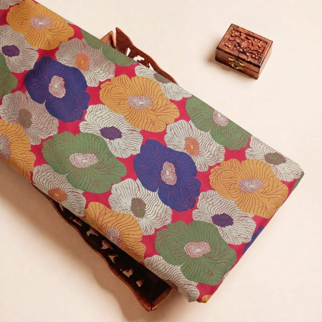 Folded Red Floral Banaras Fabric Highlighting and Texture