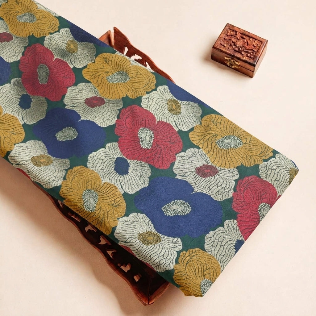 Folded Green Floral Banaras Fabric Highlighting and Texture