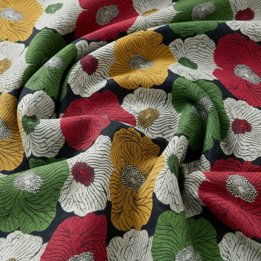 Swirled Floral Black Floral Banaras Fabric