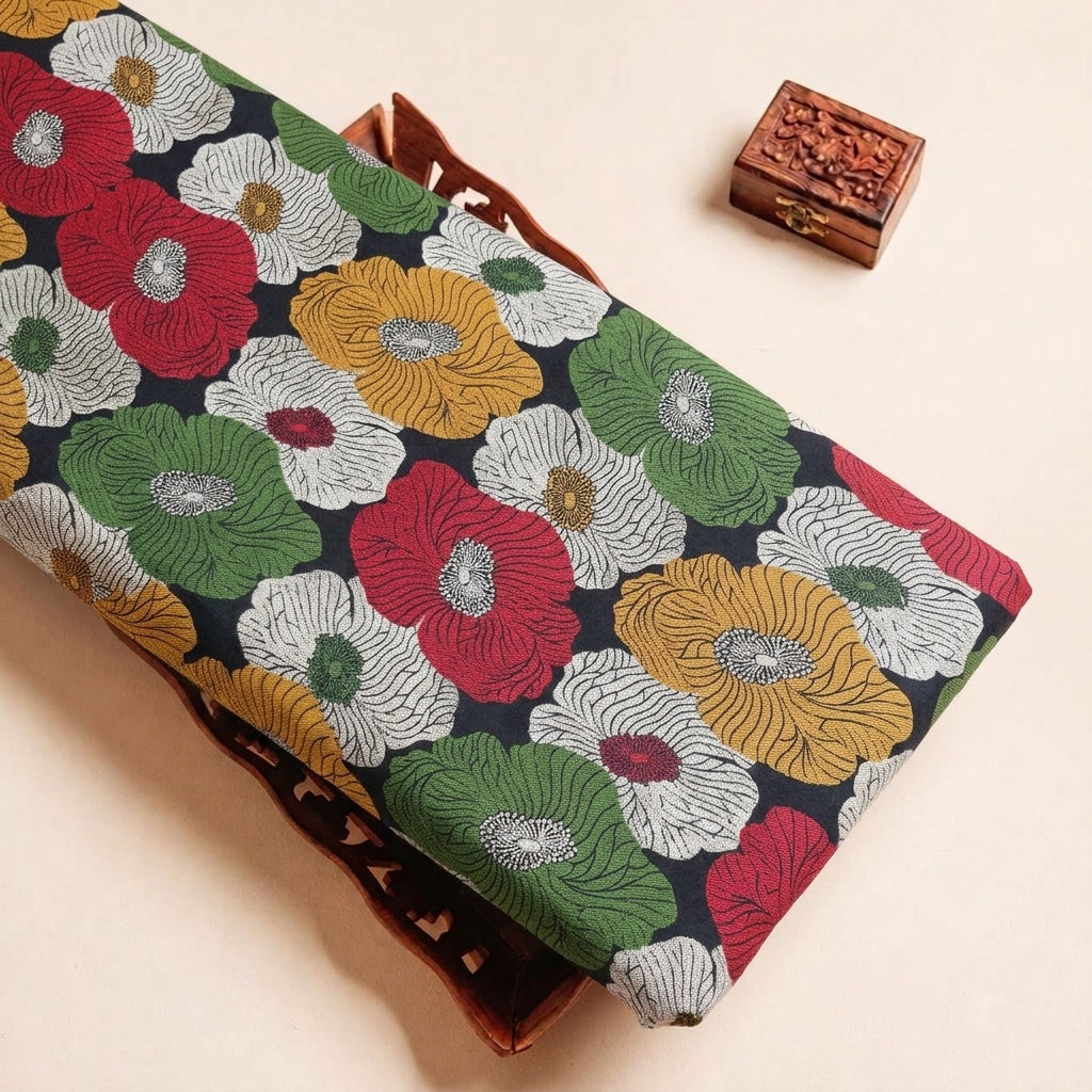 Folded Black Floral Banaras Fabric Highlighting and Texture