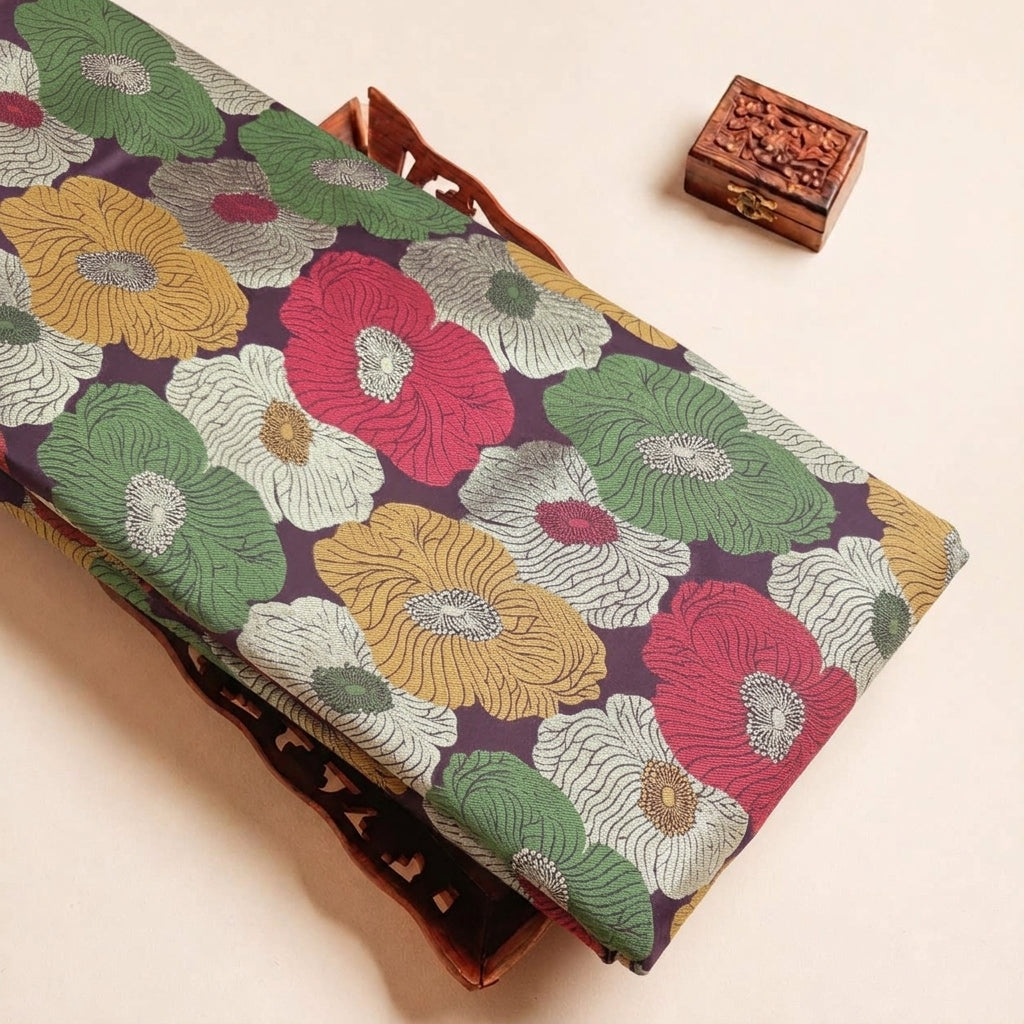 Folded Purple Floral Banaras Fabric Highlighting and Texture