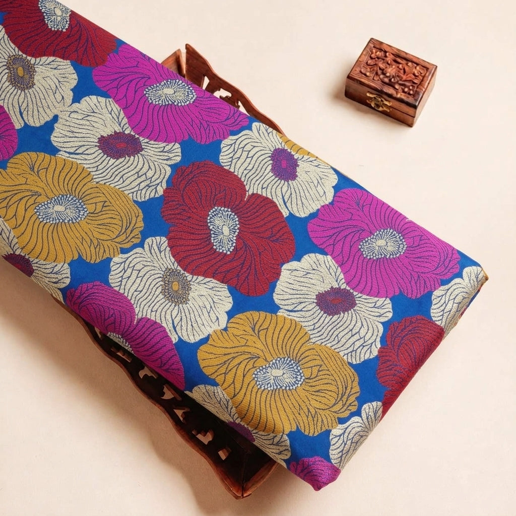Folded Blue Floral Banaras Fabric Highlighting and Texture