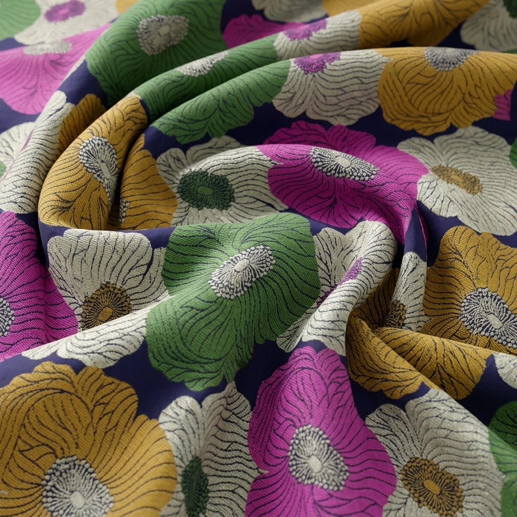 Swirled Floral Dark Blue Floral Banaras Fabric