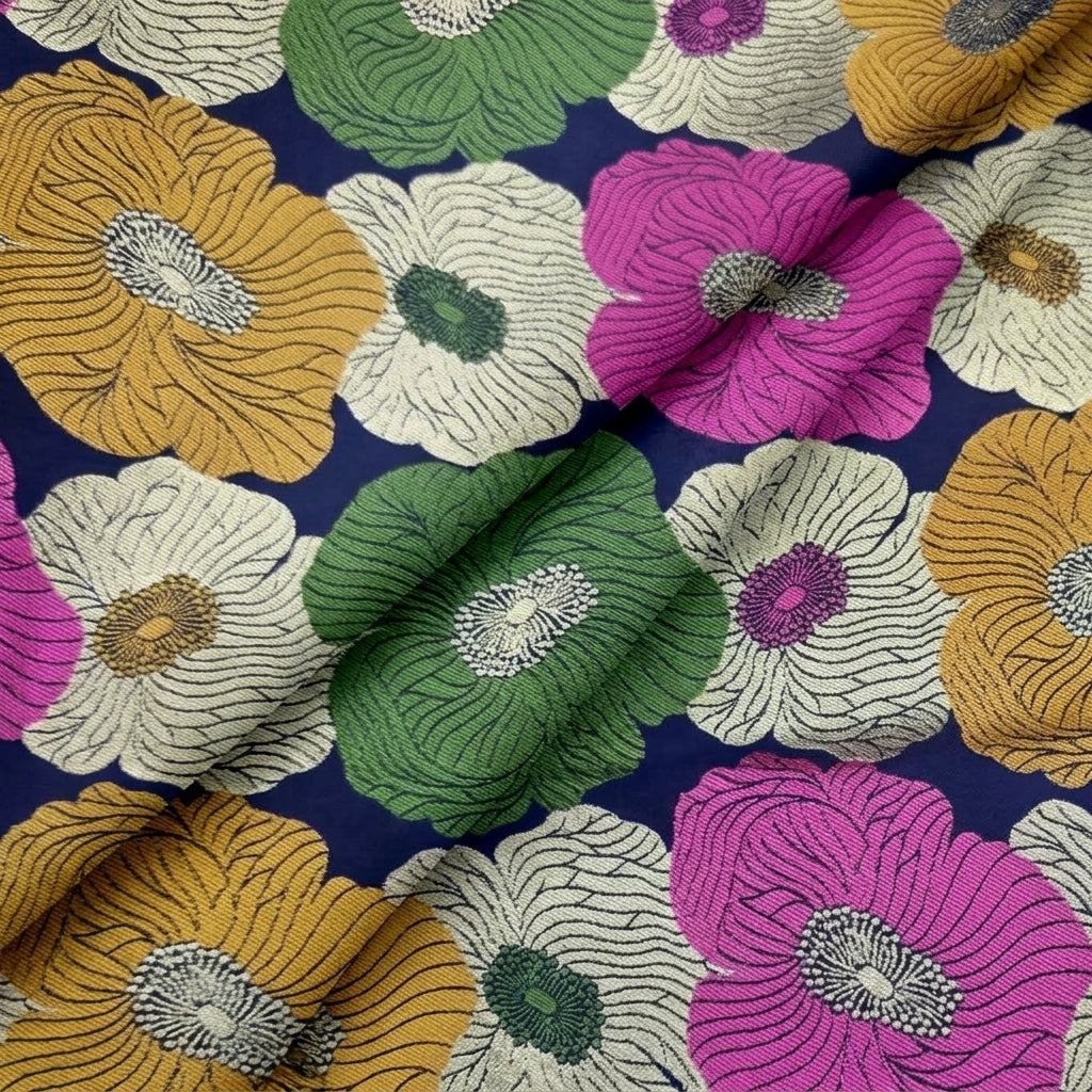 Folded Floral Dark Blue Floral Banaras Fabric
