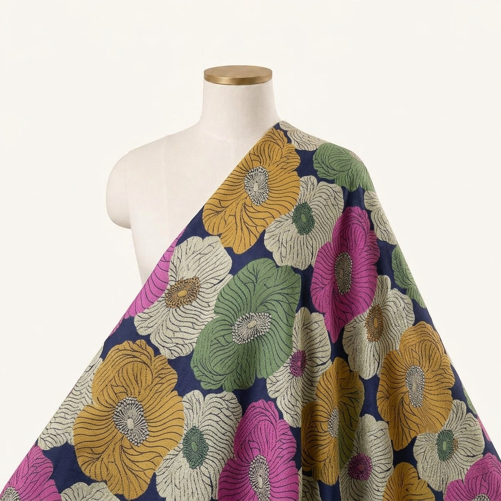 Floral Dark Blue Floral Banaras Fabric Draped as a saree