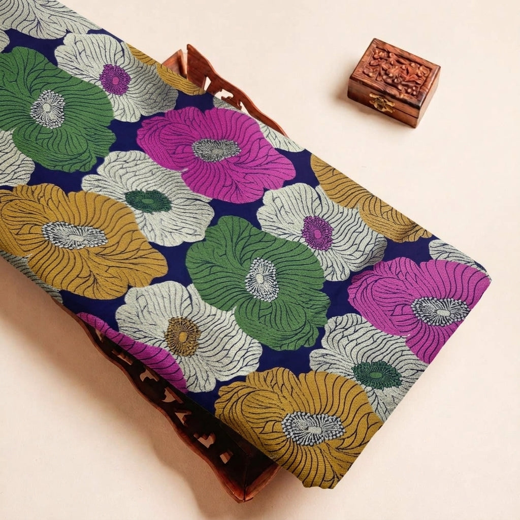Folded Dark Blue Floral Banaras Fabric Highlighting Silk and Texture