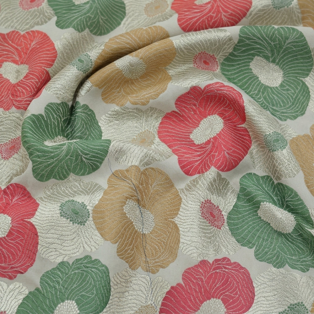 Swirled Floral Cream Floral Banaras Fabric
