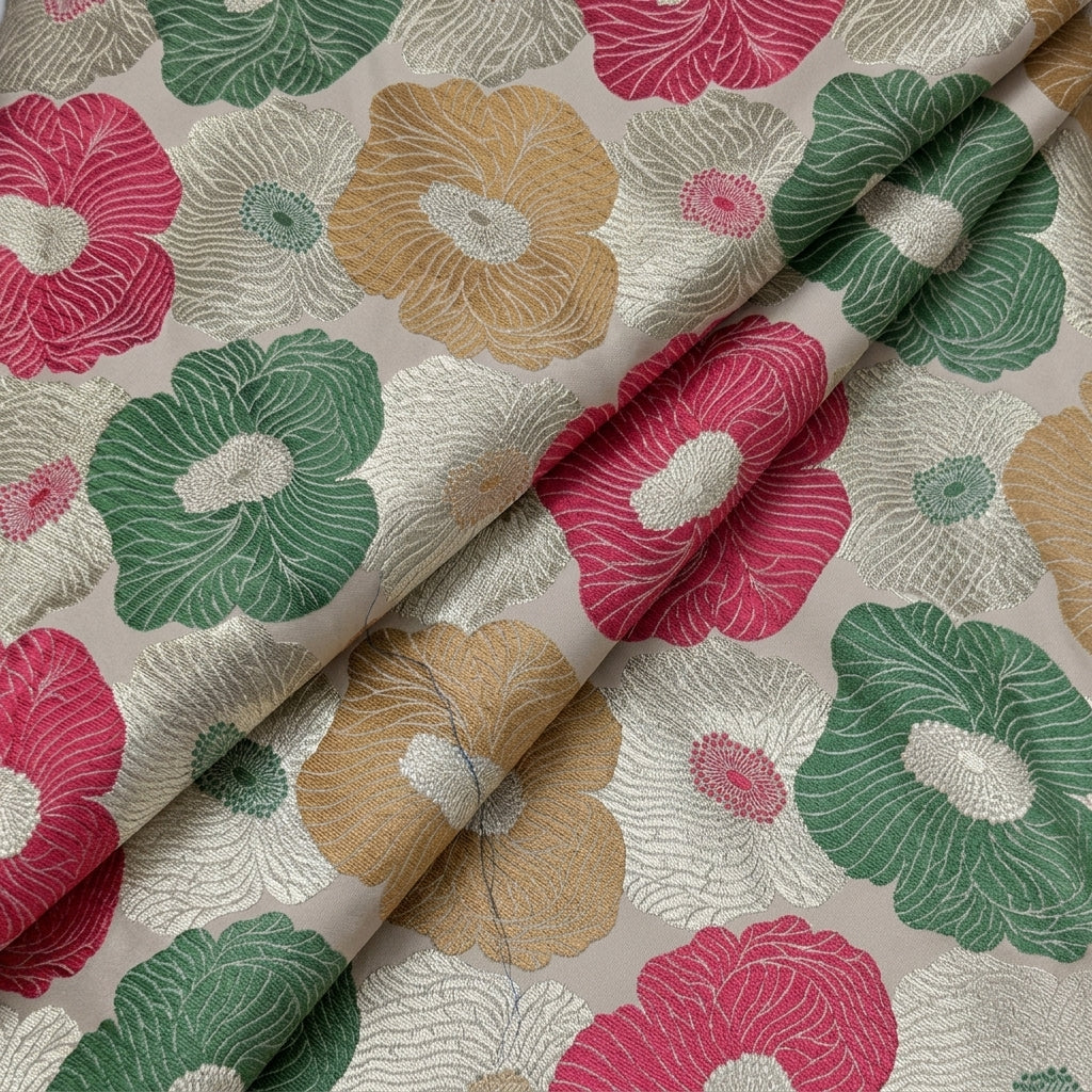 Folded Floral Cream Floral Banaras Fabric
