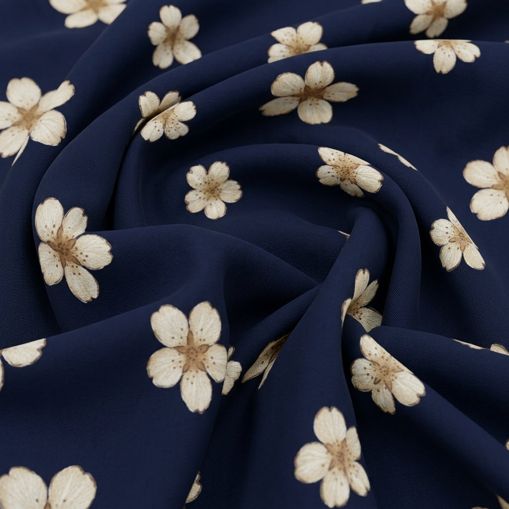 Swirled Floral Dark Blue Floral Rayon Fabric