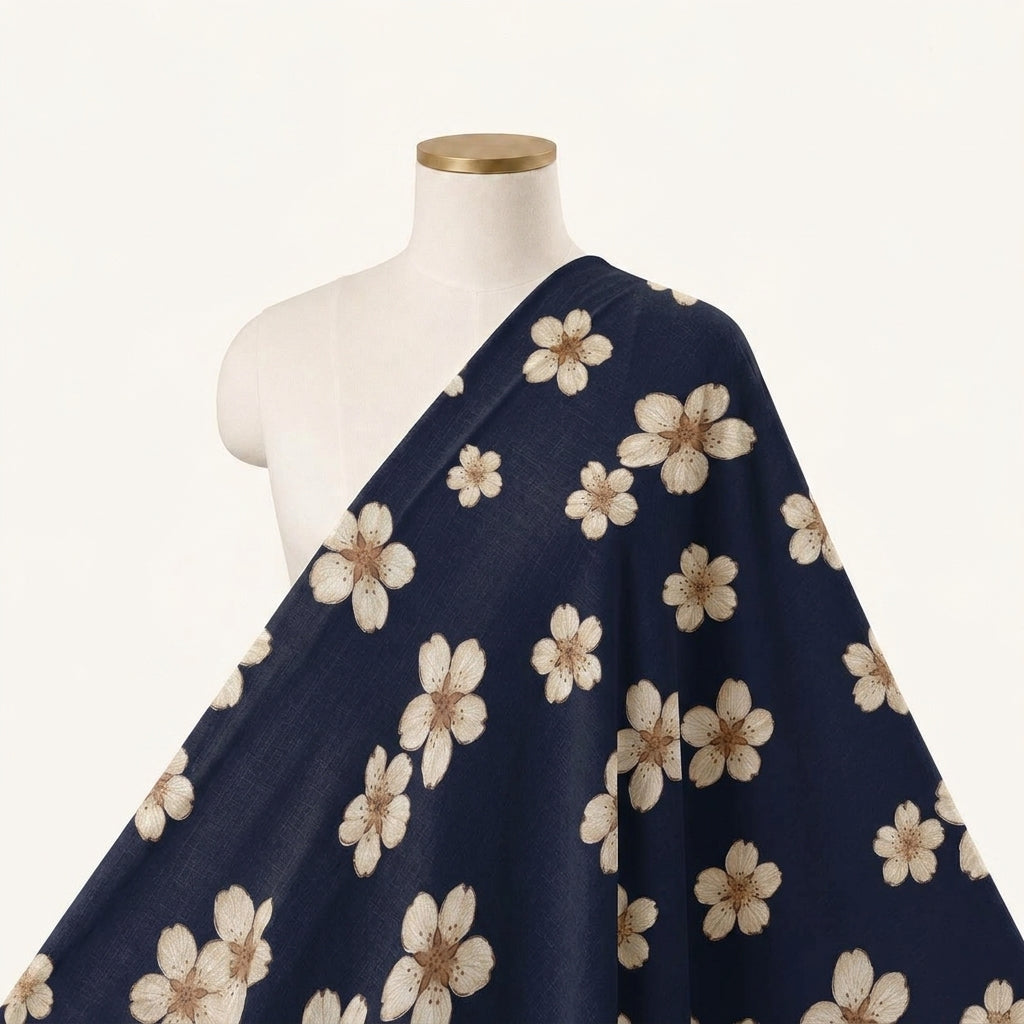 Floral Dark Blue Floral Rayon Fabric Draped as a saree