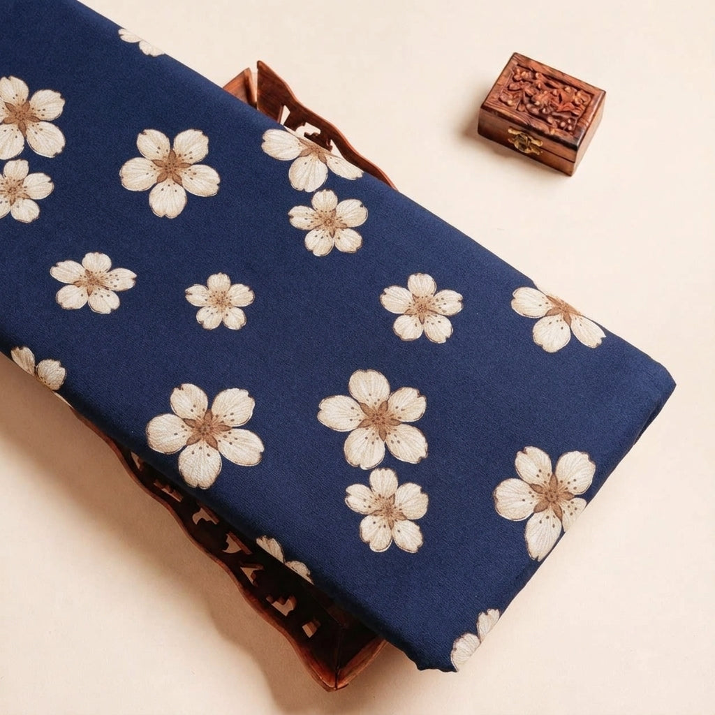Folded Dark Blue Floral Rayon Fabric Highlighting and Texture