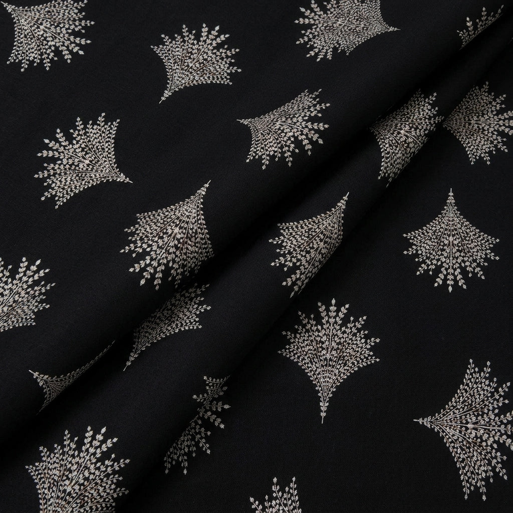 Folded Floral Black Floral Rayon Fabric
