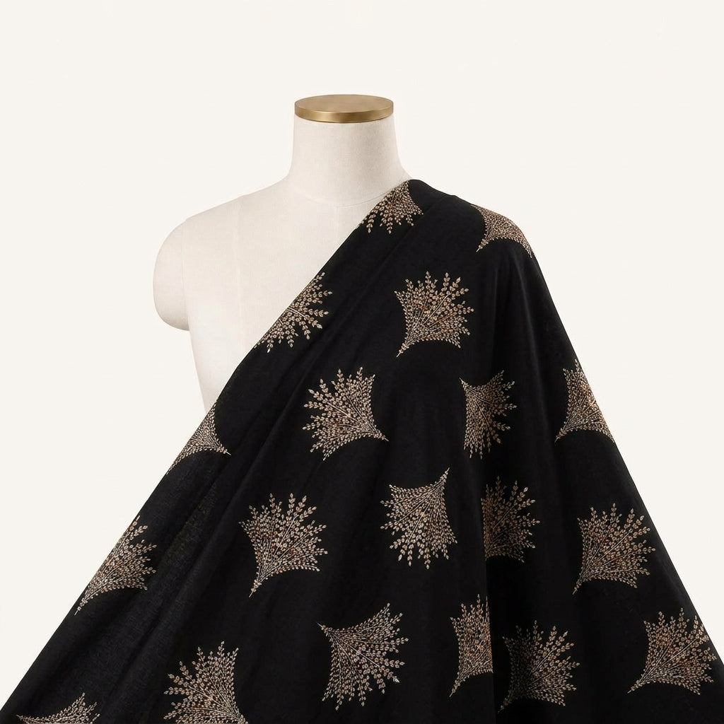 Floral Black Floral Rayon Fabric Draped as a saree
