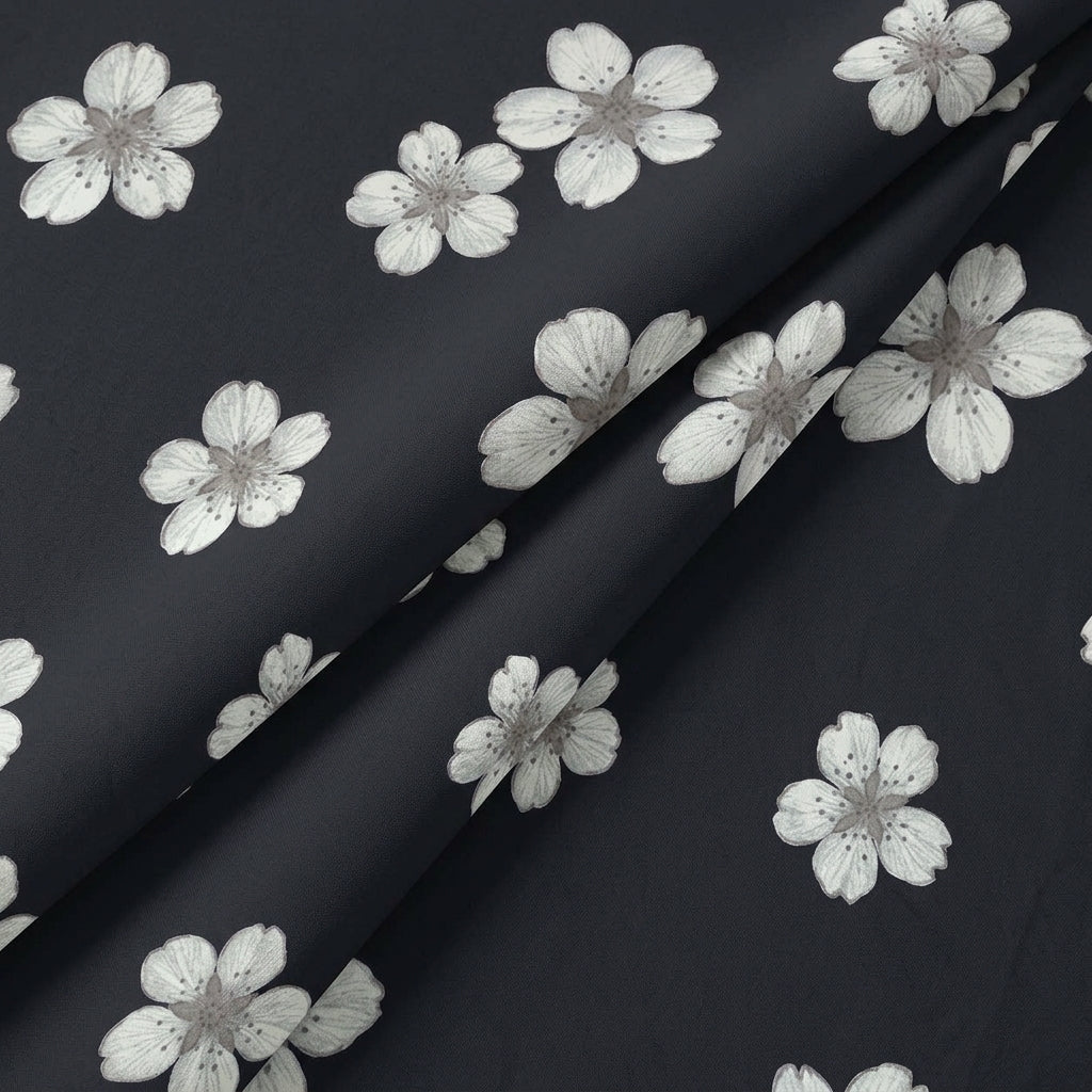 Folded Floral Black Floral Rayon Fabric