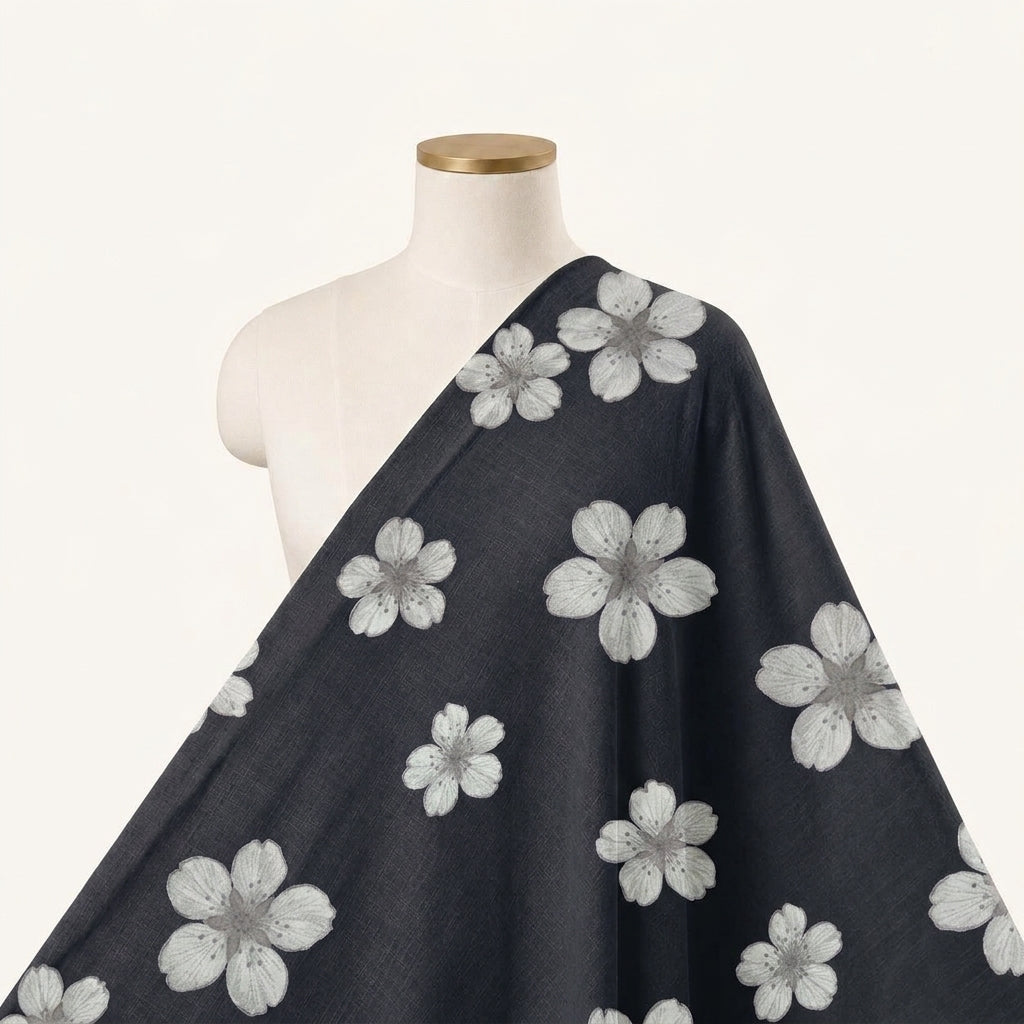 Floral Black Floral Rayon Fabric Draped as a saree