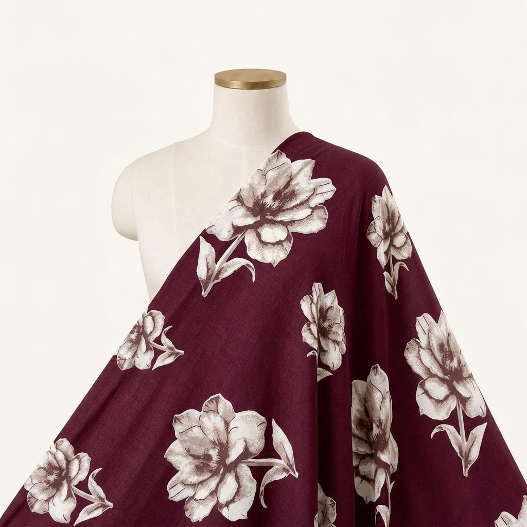 Floral Wine Floral Rayon Fabric Draped as a saree
