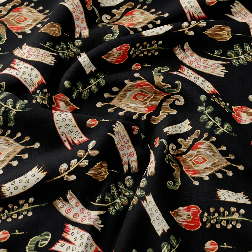Swirled Floral Black Floral Rayon Fabric