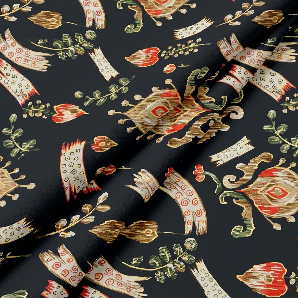 Folded Floral Black Floral Rayon Fabric