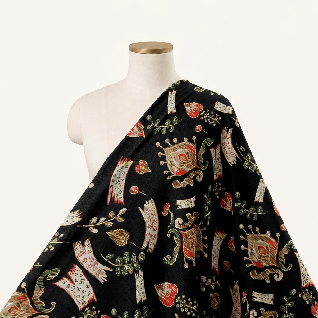 Floral Black Floral Rayon Fabric Draped as a saree