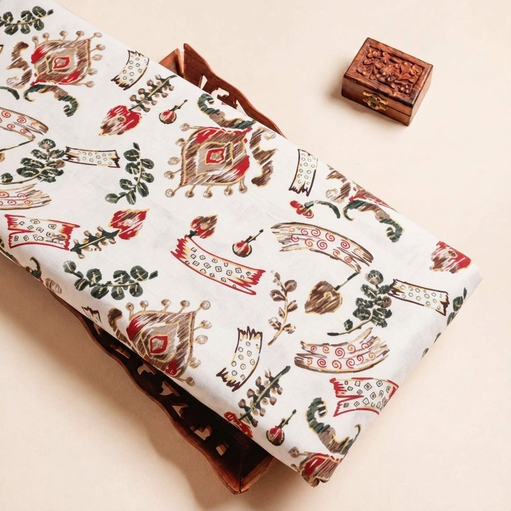 Folded Cream Floral Rayon Fabric Highlighting Foil and Texture
