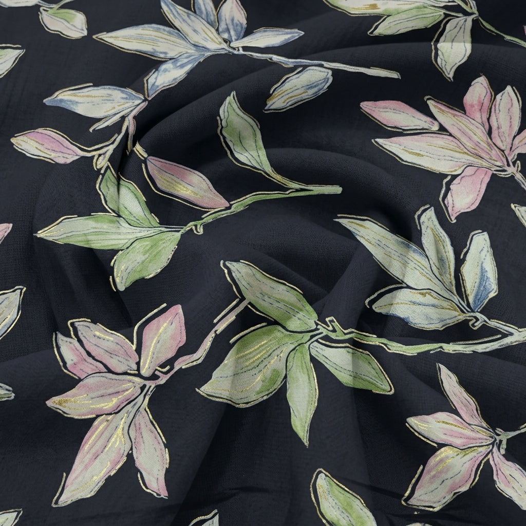 Swirled Leaf Black Leaf Rayon Fabric