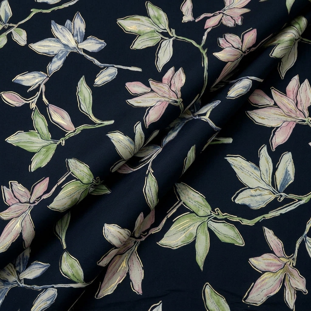 Folded Leaf Black Leaf Rayon Fabric