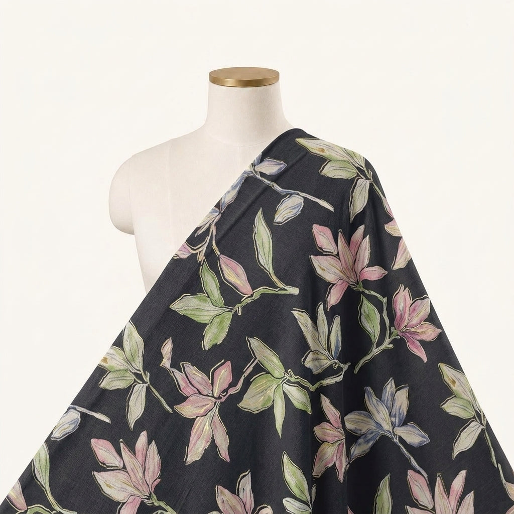 Leaf Black Leaf Rayon Fabric Draped as a saree