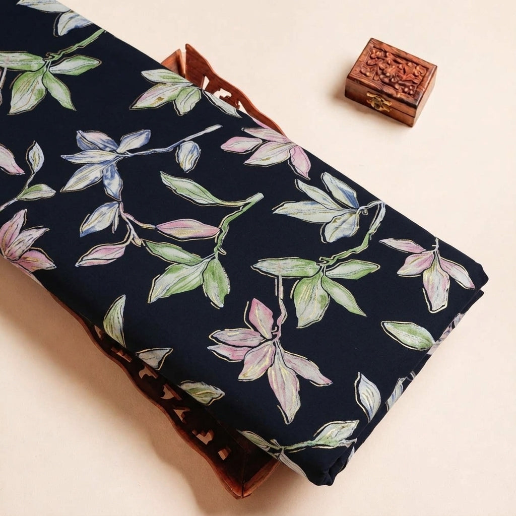 Folded Black Leaf Rayon Fabric Highlighting and Texture