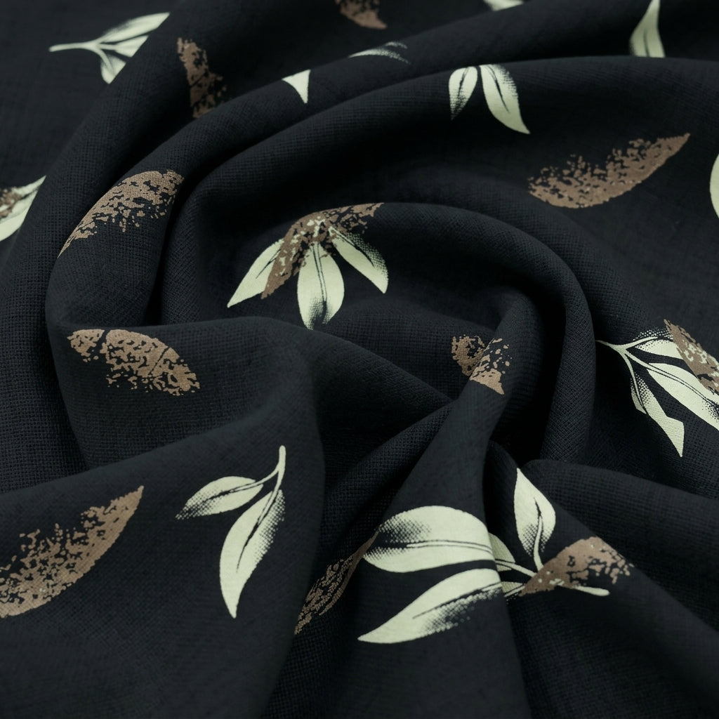 Swirled Leaf Black Leaf Rayon Fabric