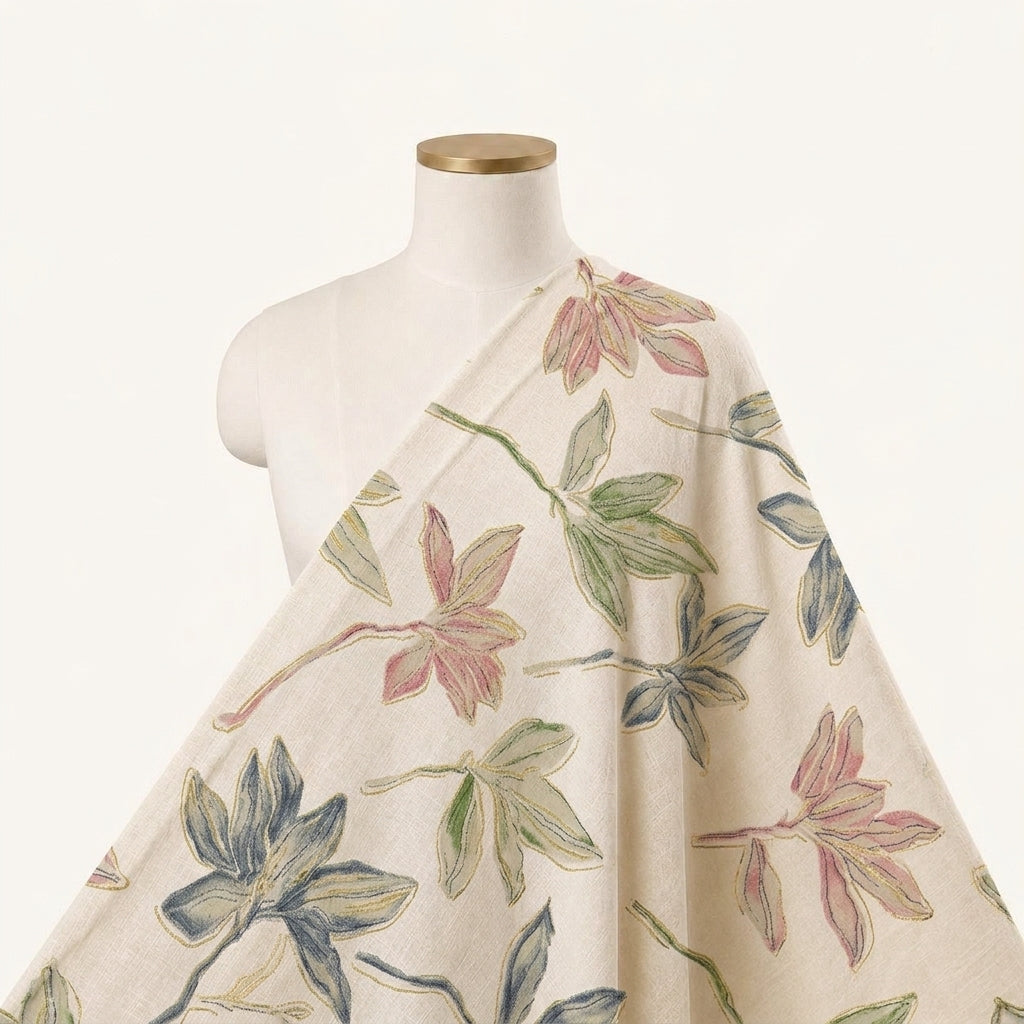 Leaf Cream Leaf Rayon Fabric Draped as a saree