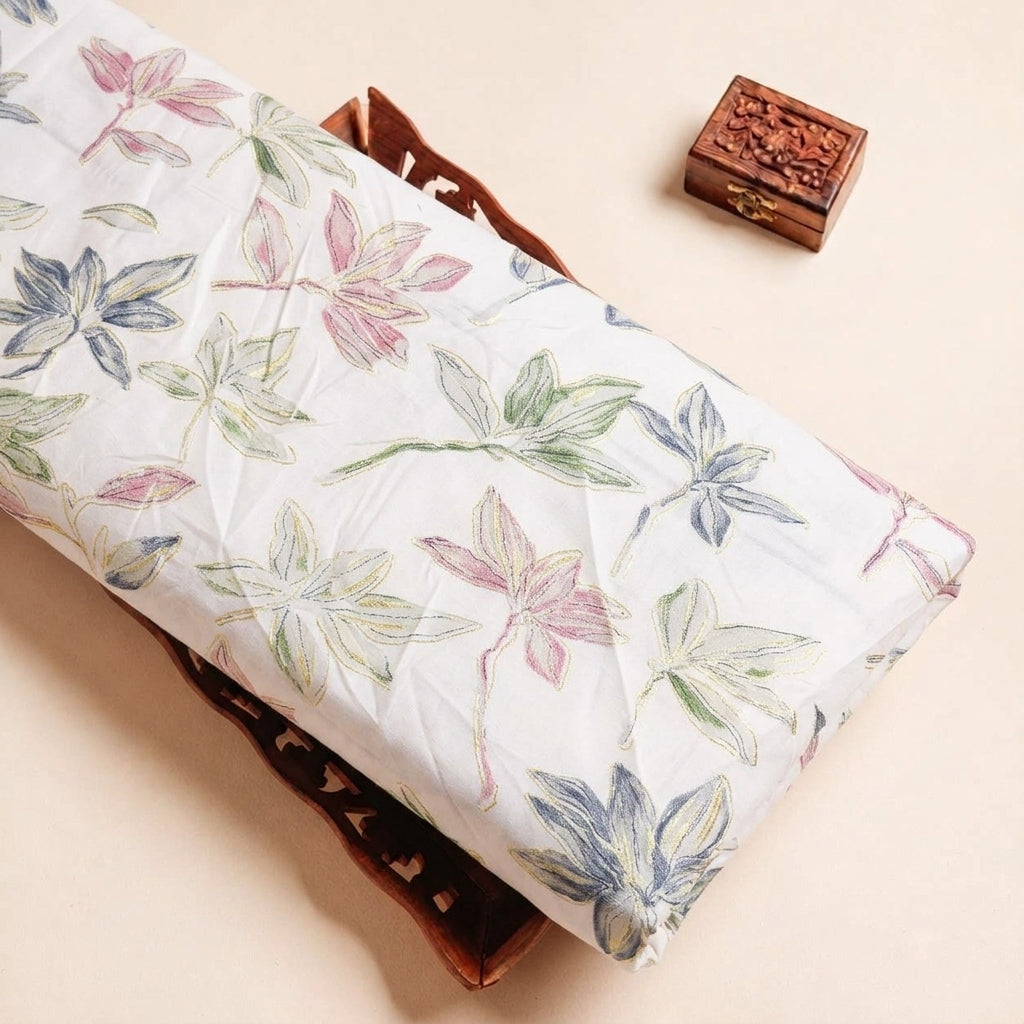 Cream Leaf Rayon Fabric - EC17189