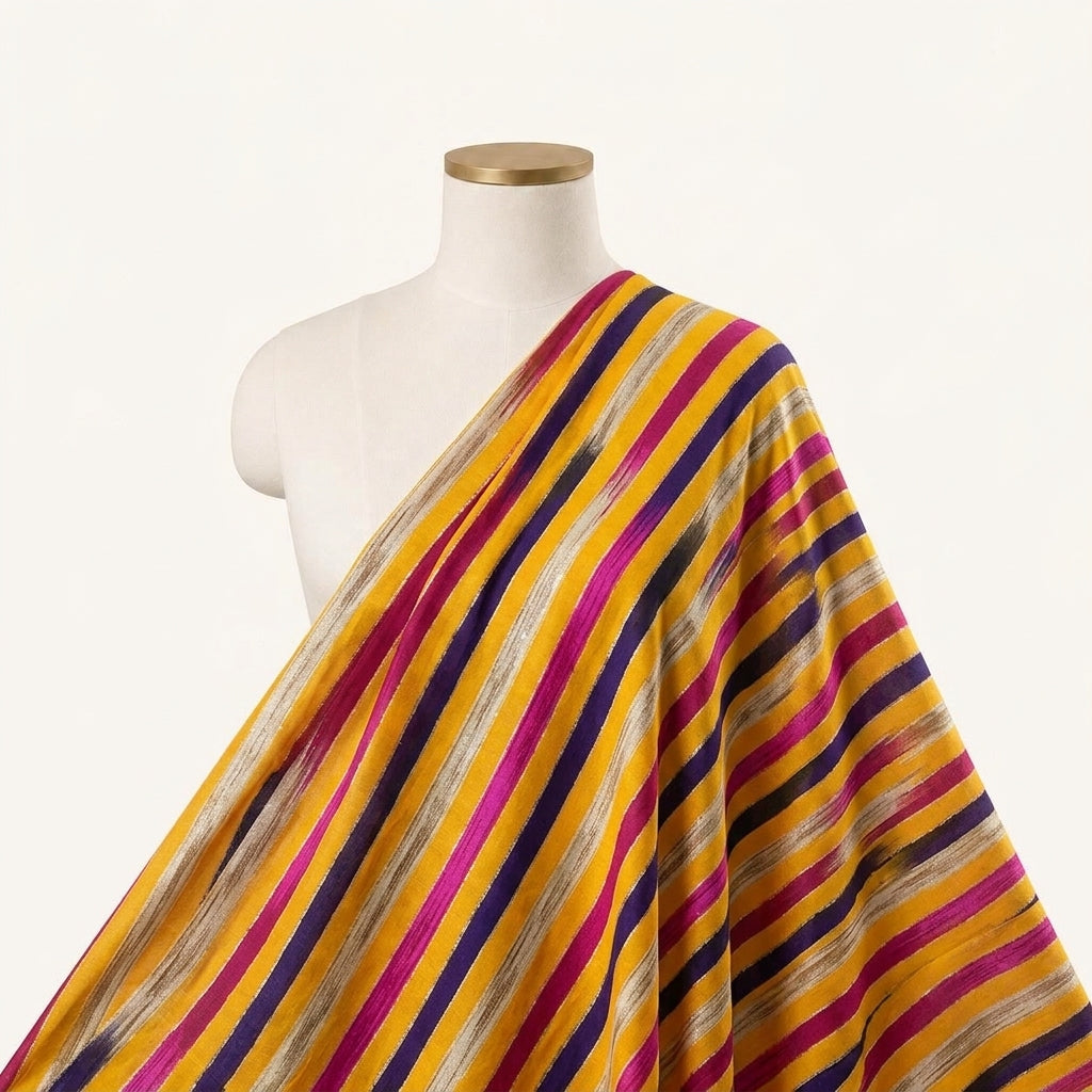 Stripes Yellow Stripes Rayon Fabric Draped as a saree