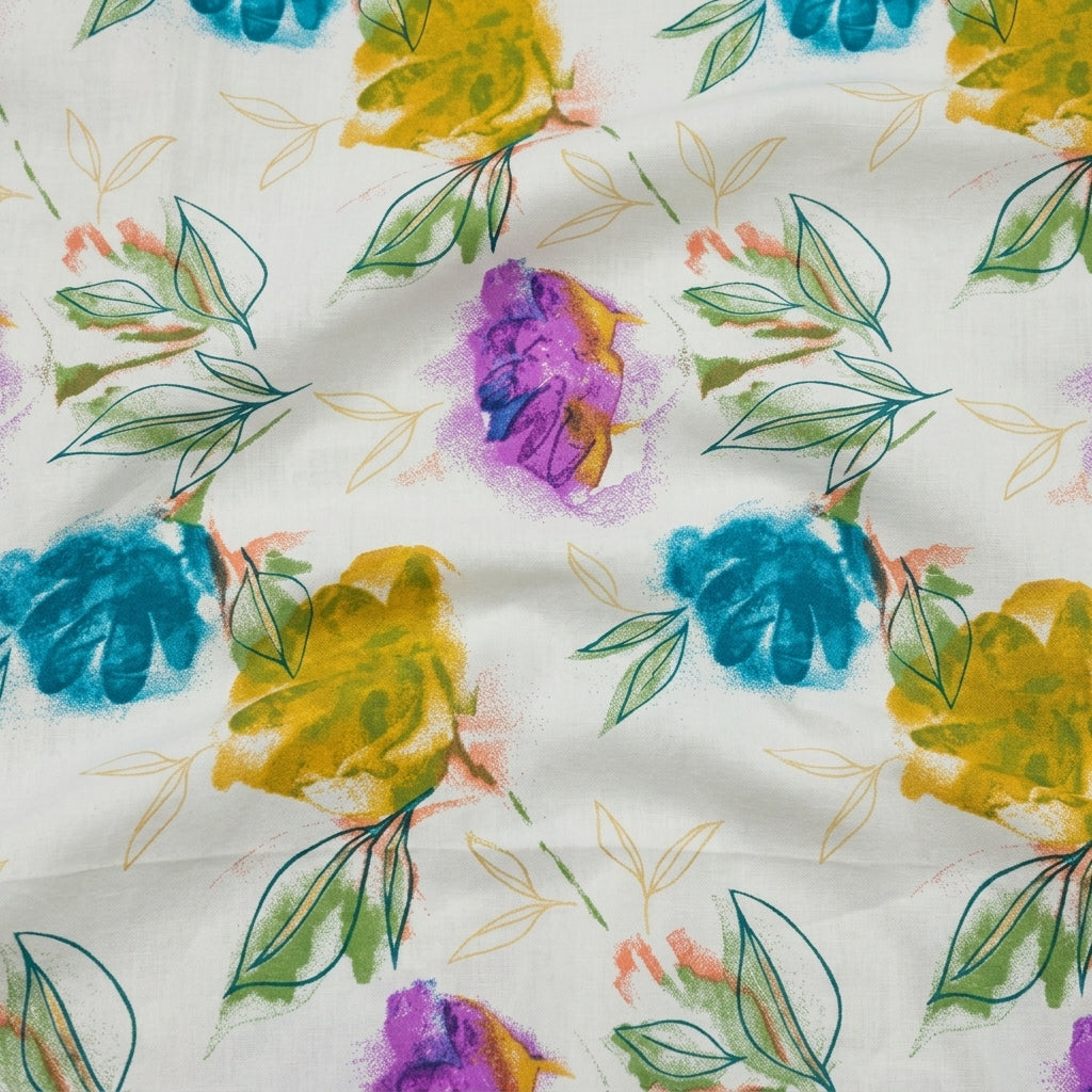 Swirled Floral Cream Floral Rayon Fabric
