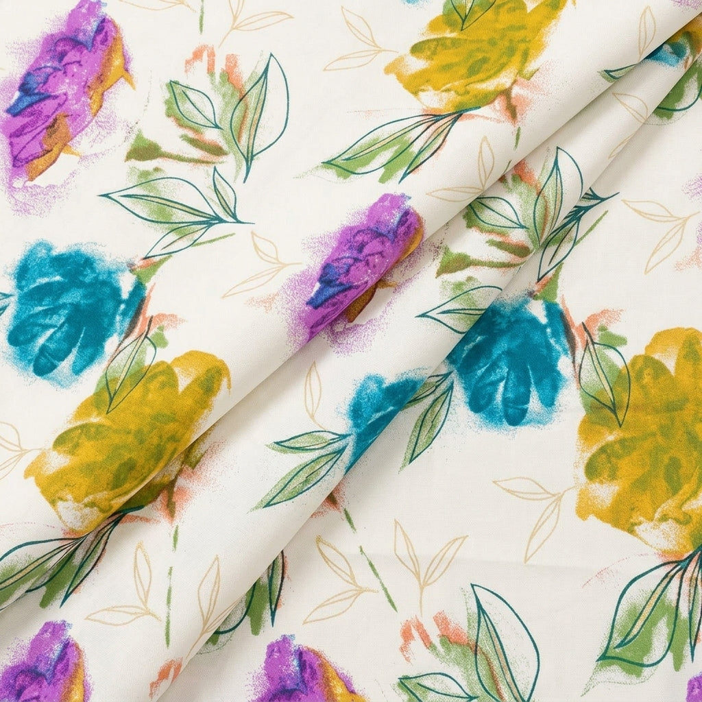 Folded Floral Cream Floral Rayon Fabric