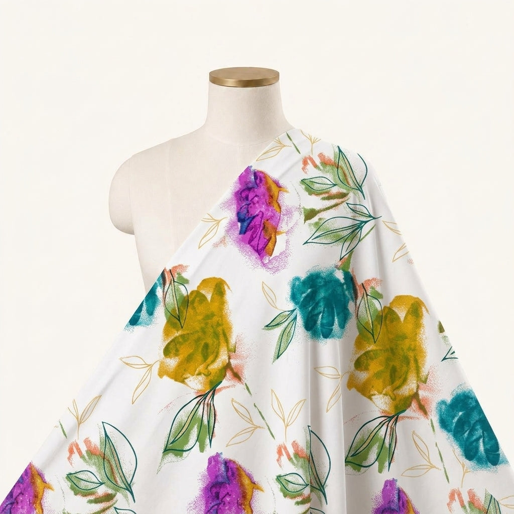 Floral Cream Floral Rayon Fabric Draped as a saree