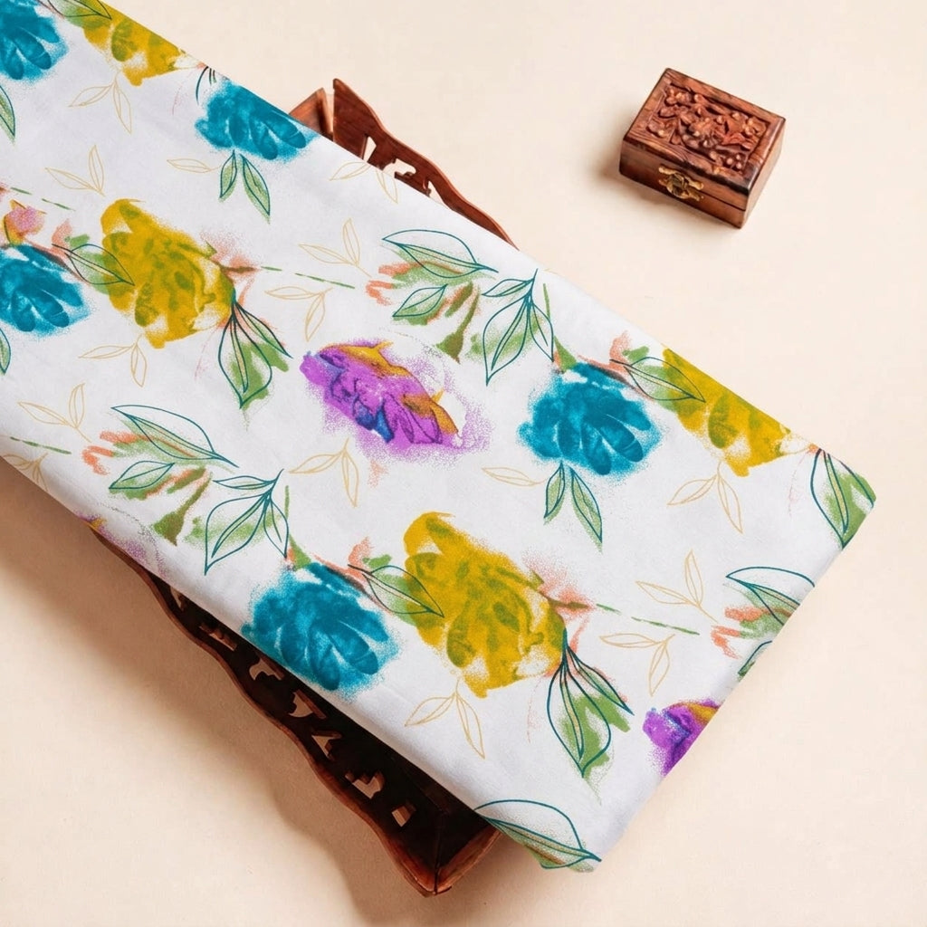 Folded Cream Floral Rayon Fabric Highlighting Foil and Texture