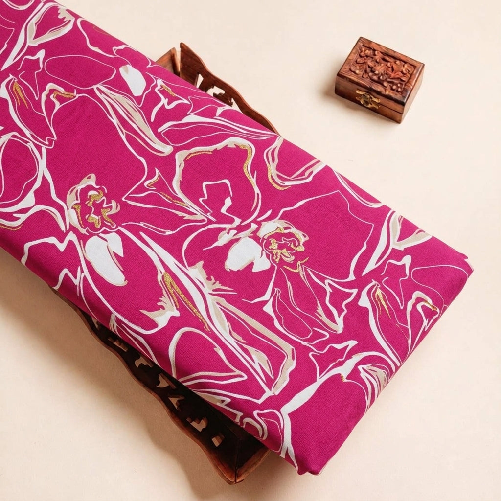 Folded Pink Floral Rayon Fabric Highlighting Foil and Texture