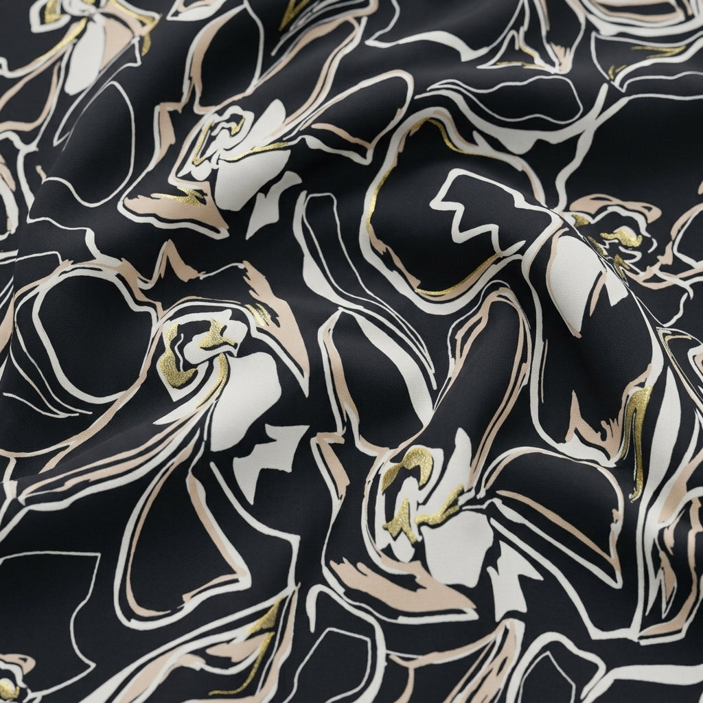 Swirled Floral Black Floral Rayon Fabric