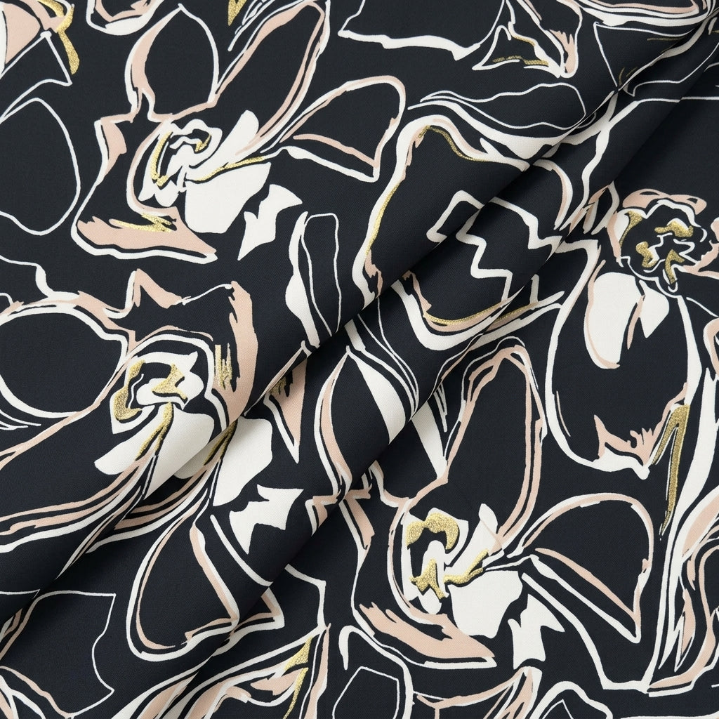 Folded Floral Black Floral Rayon Fabric