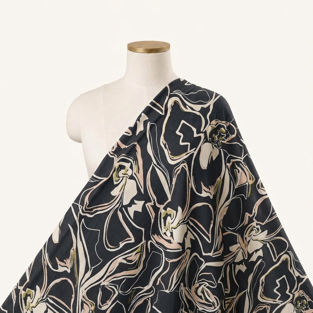 Floral Black Floral Rayon Fabric Draped as a saree