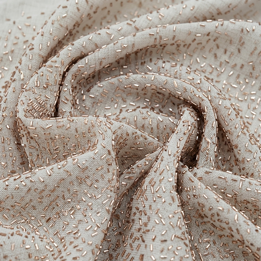 Swirled Embroidery Beige Embroidery Net Fabric