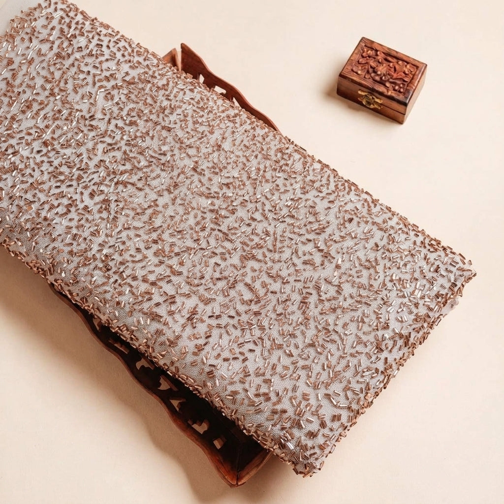 Folded Beige Embroidery Net Fabric Highlighting and Texture