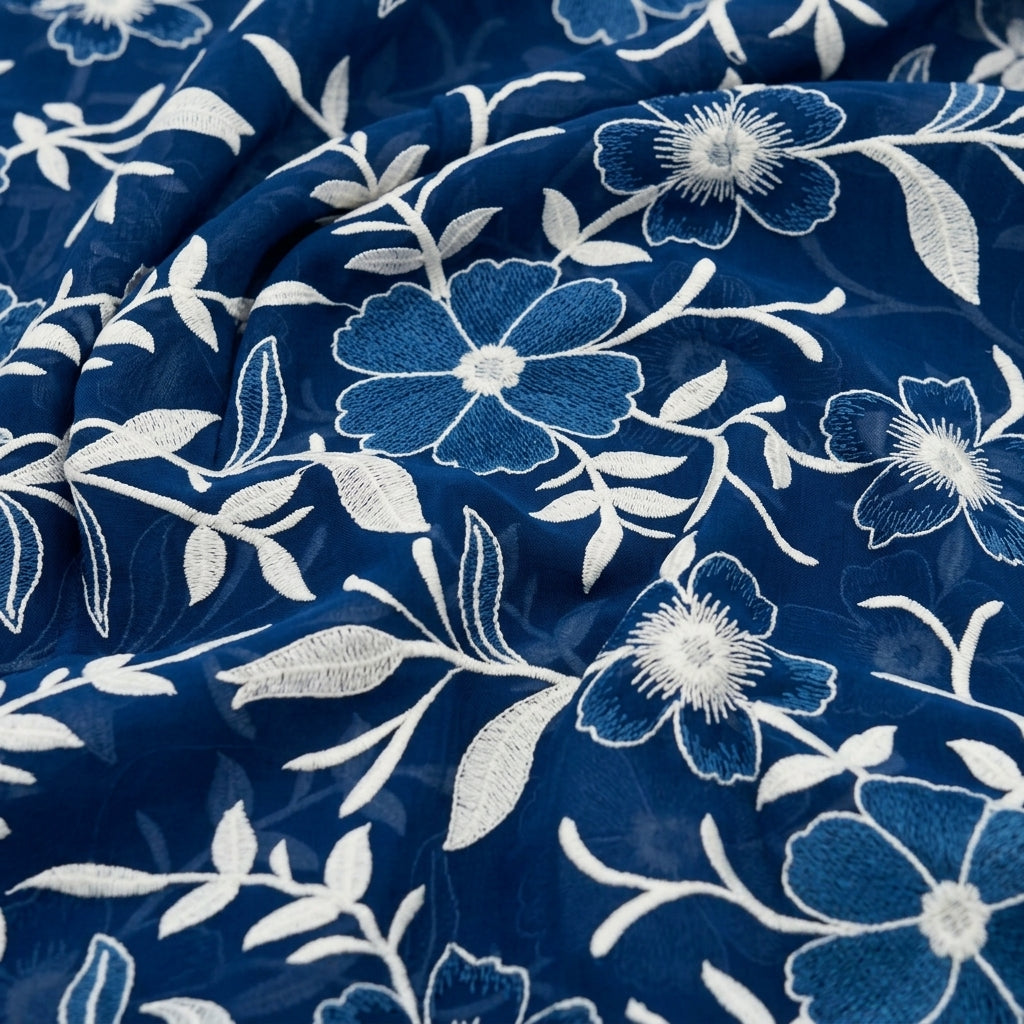 Swirled Embroidery Blue Embroidery Cotton Fabric