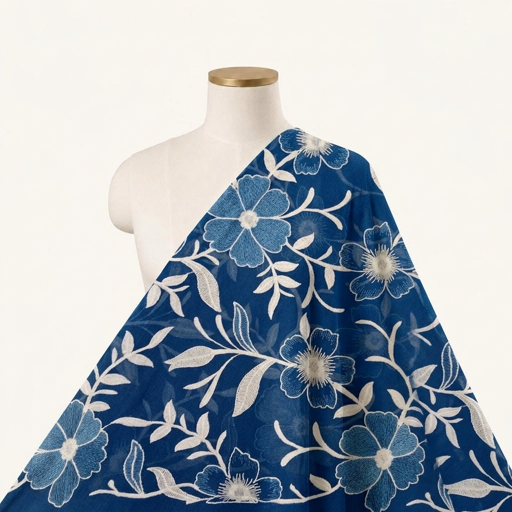 Embroidery Blue Embroidery Cotton Fabric Draped as a saree