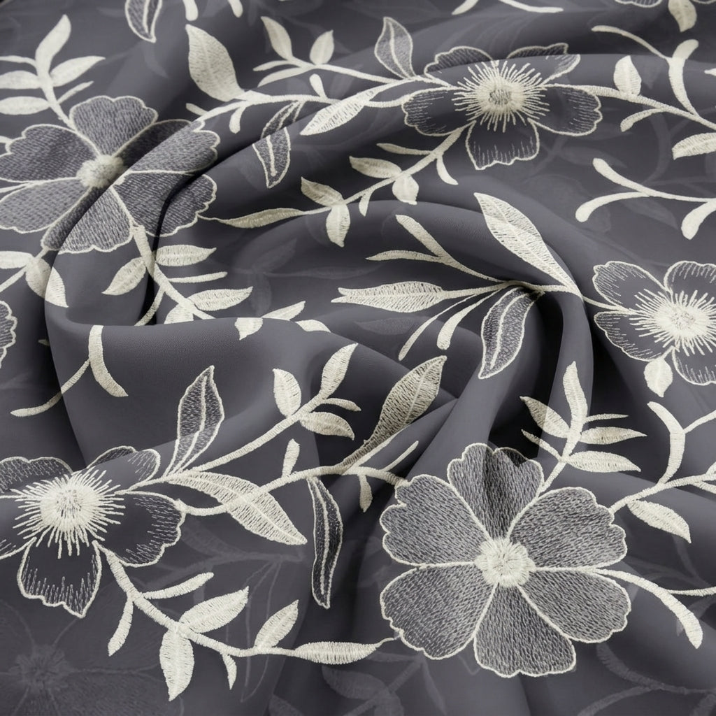 Swirled Embroidery Grey Embroidery Cotton Fabric