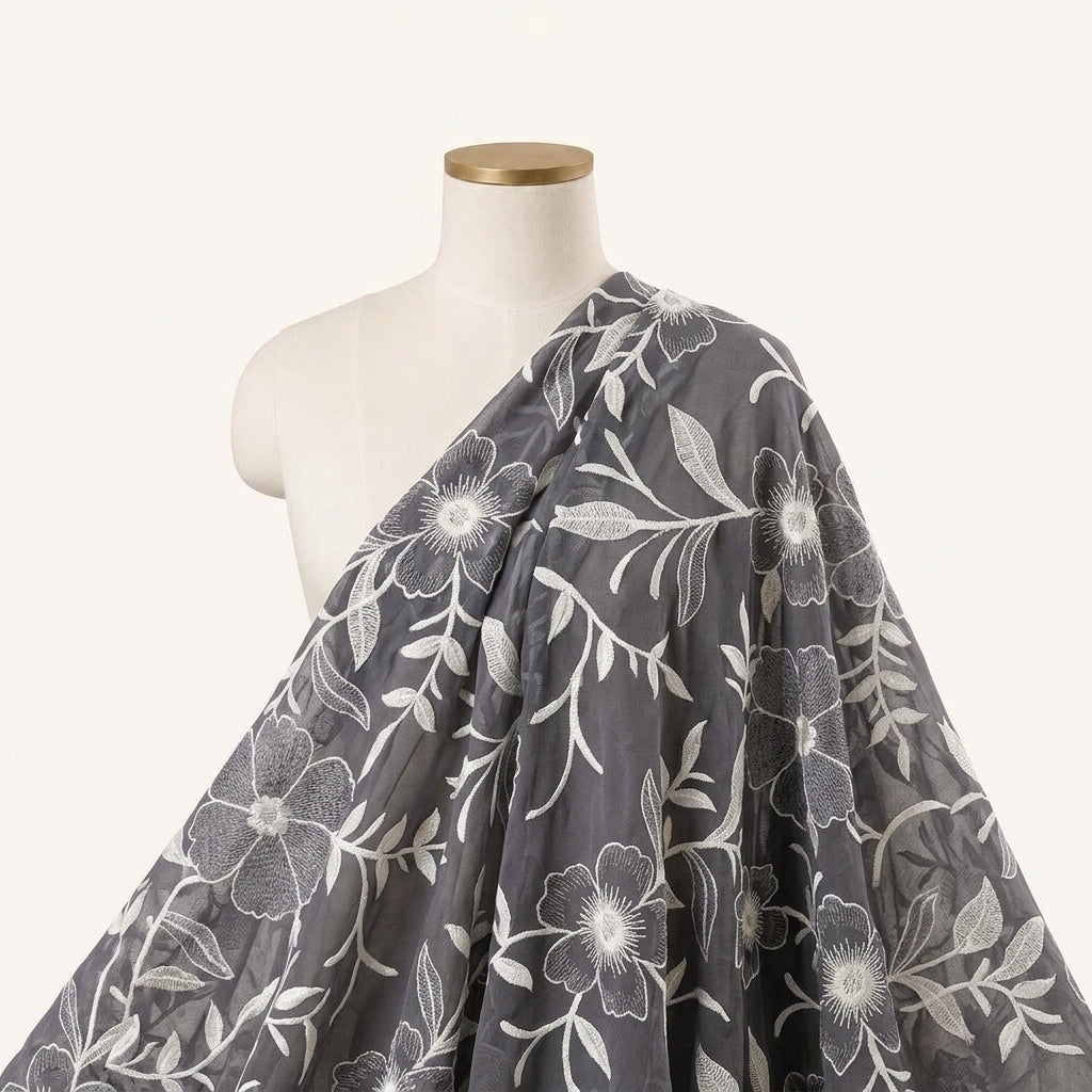 Embroidery Grey Embroidery Cotton Fabric Draped as a saree