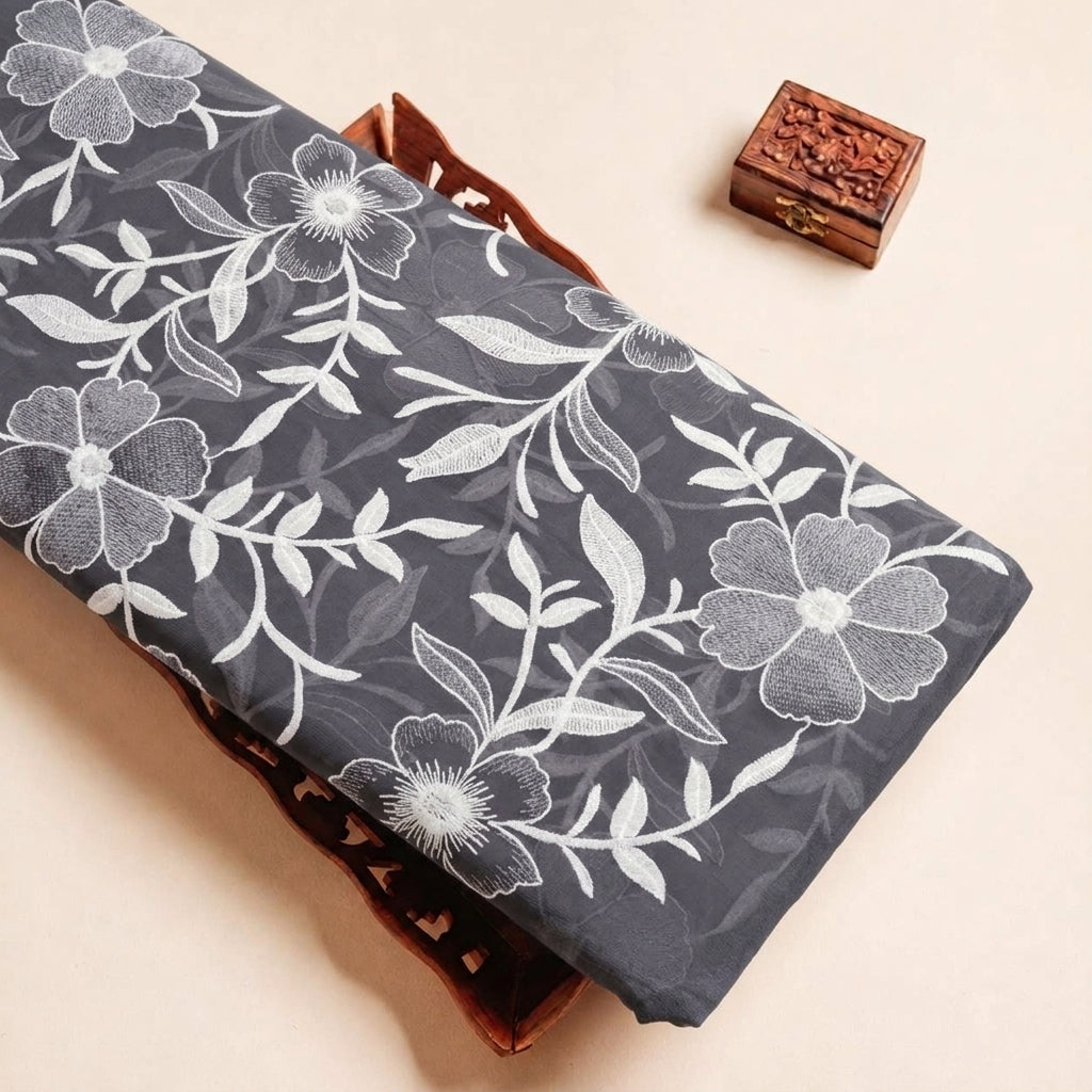 Folded Grey Embroidery Cotton Fabric Highlighting Thread Work Floral and Texture