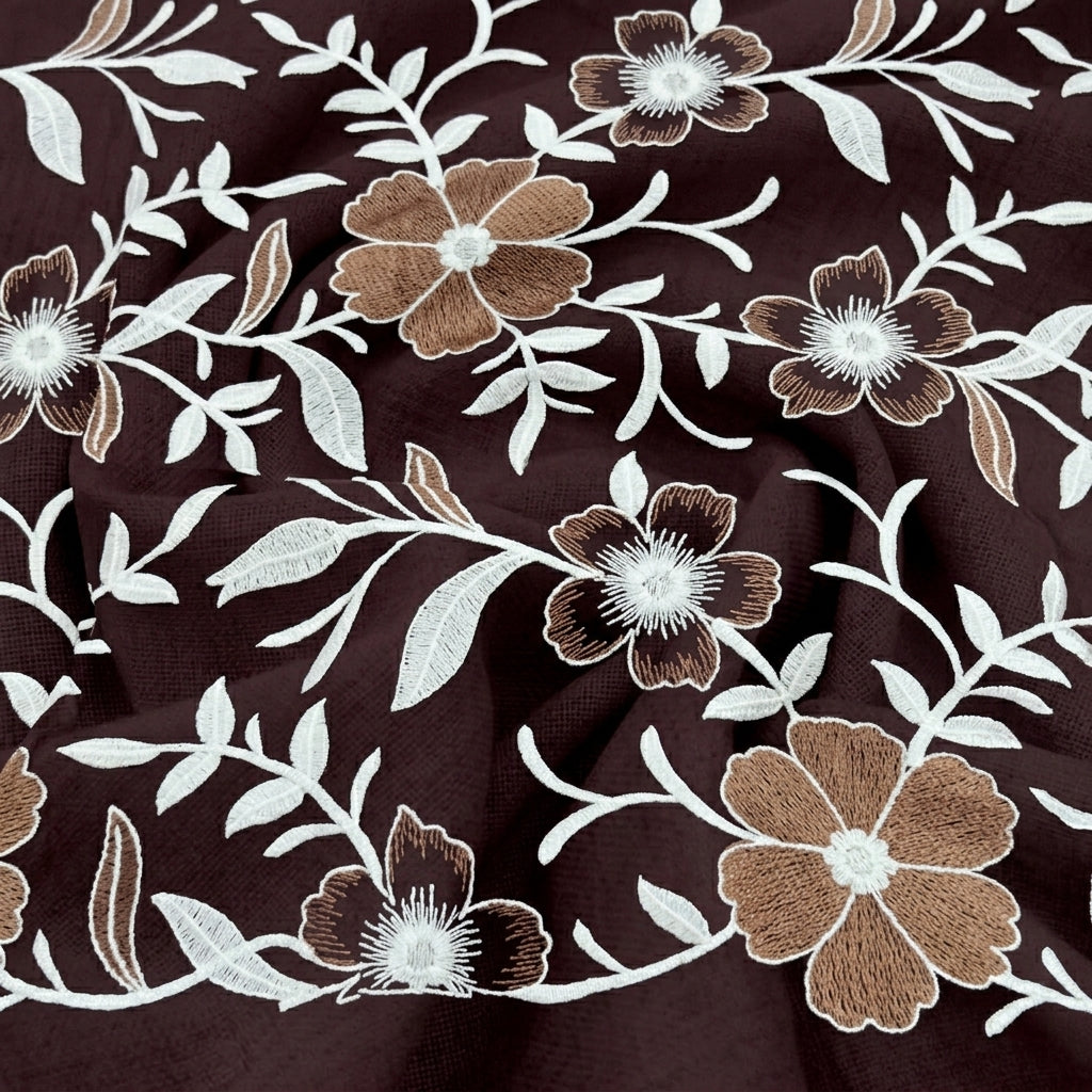 Swirled Embroidery Brown Embroidery Cotton Fabric
