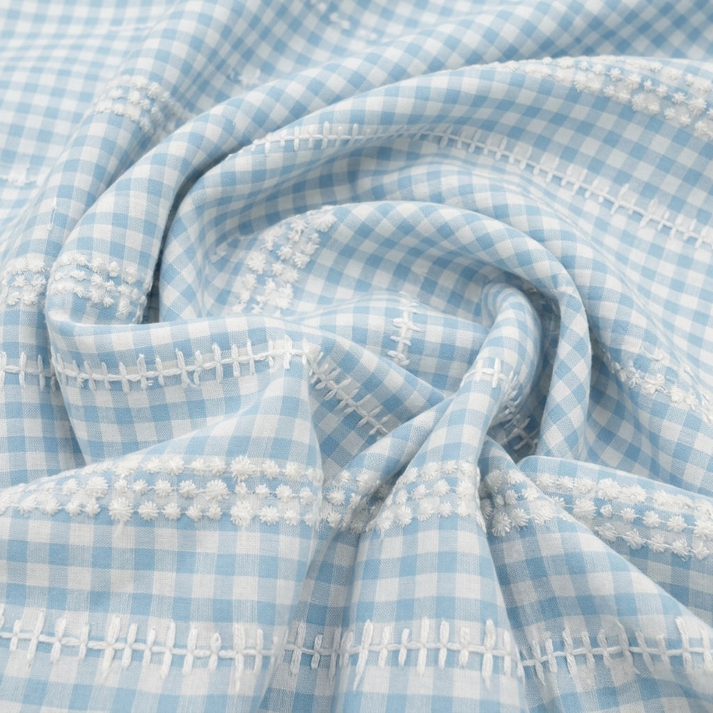Swirled Embroidery Blue Embroidery Cotton Fabric